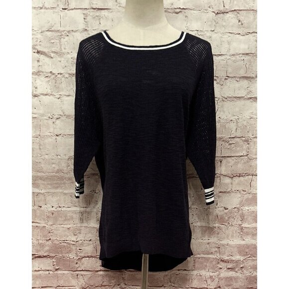 Express Womens Sweater Top L Open Knit Mesh Short Sleeve Boxy Dark Blue White - Picture 1 of 4